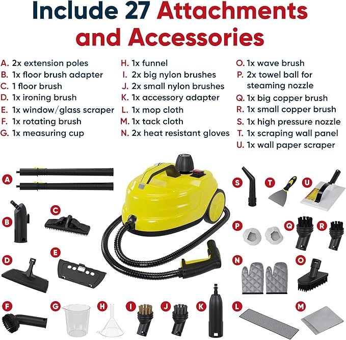 Heavy-Duty Steam Cleaner for Home & Car – High-Pressure Chemical-Free Deep Cleaning System, Portable Handheld Steamer with 27-Piece Kit for Tile, Grout, Floors, Ovens & Upholstery