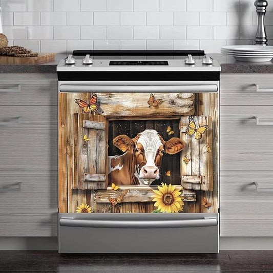Farm Animals Cow Kitchen Magnet Dishwasher Skin Cover Panel, Country Sunflower Refrigerator Door Cover Sheet Magnetic, Butterfly Magnetic Dishwasher Sticker for Front, 23" W x 17" H Magnetic