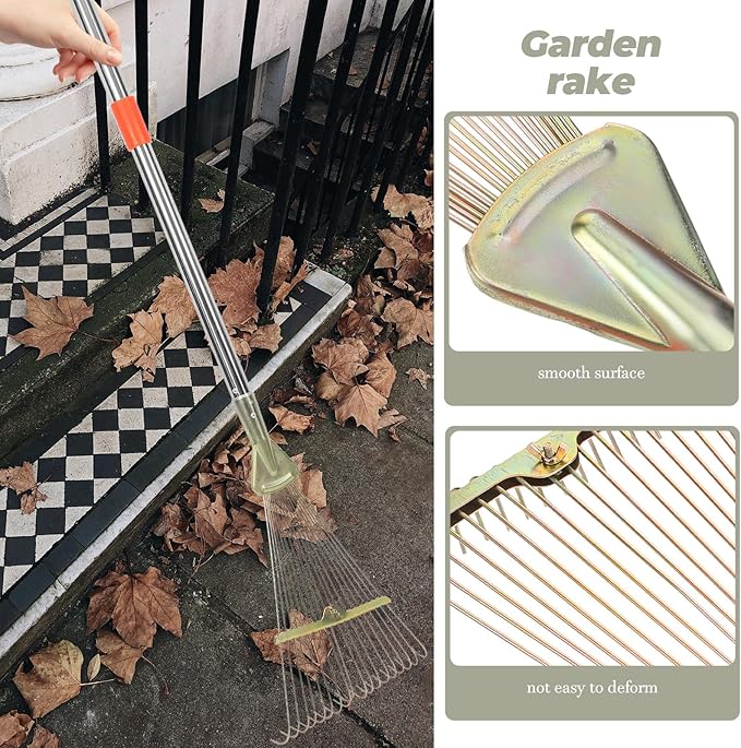 Homoyoyo 18-Tooth Retractable Garden Rake with Stainless Steel Handle, Adjustable Lawn Tool for Leaf Removal and Yard Cleaning, Compact Metal Rake Suitable for Gardening and Lawn Care