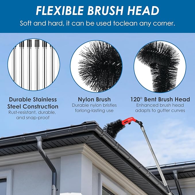 Gutter Cleaning Tools from The Ground, Adjustable Gutter Cleaning Pole with 180° Pivoting Head, Gutter Rake & 2 Gutter Brush, Gutter Cleaner Tool for Removing Leaves, Debris & Spider Webs (Black)