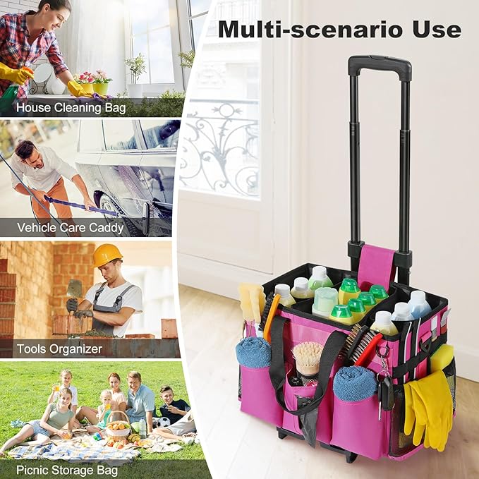 Housolution Rolling Cleaning Caddy Bag with Detachable Trolley, Professional Portable Large Cleaning Bag with Wheels, Wearable Cleaning Supply Bag on Wheels for Housekeepers, Rose Red
