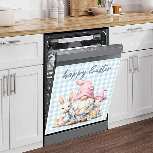 NYZE Happy Easter Dishwasher Magnets Cover, Dishwasher Magnetic Sticker Decorative, Reusable Dish Washer Cover for Dishwashers (Gnome & Bunnies)