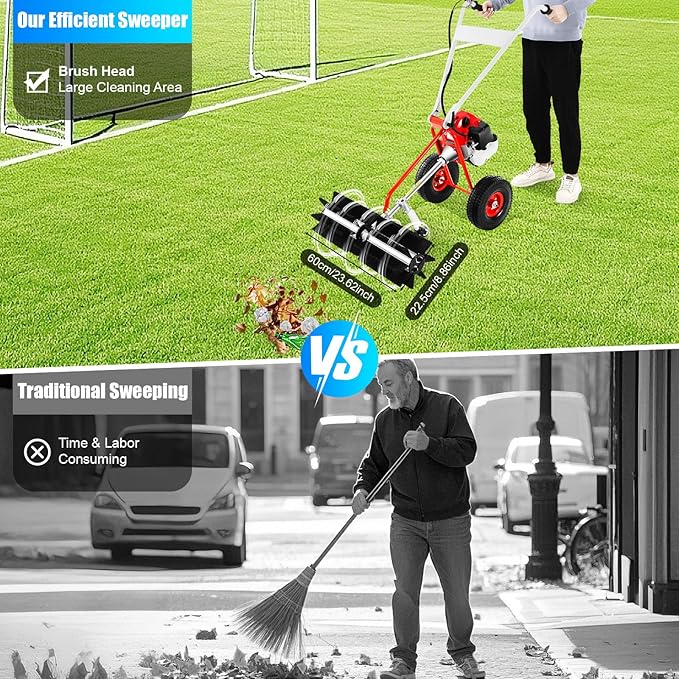 2-Stroke Gasoline Lawn Yard Sweeper, 43cc 8500rpm 1.7hp Handheld Outdoor Leaf Broom Walk-Behind Outdoor Hand Push Sweeper Lawn Cleaning Driveway Tools w/Tool Kit for Sweep Leaves Dirt from Lawns