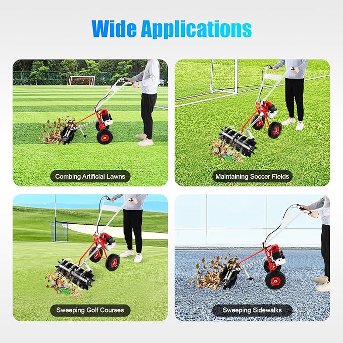43CC 2-Stroke Gas Push Lawn Sweeper Broom, 1.7HP Gas Walk Behind Push Lawn Sweeper Handheld Walk Behind Snow Sweeper Broom Portable Driveway Turf Grass Cleaning Tool for Garden Yard Sidewalk