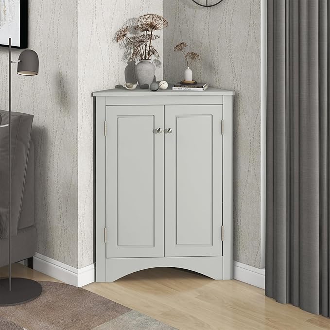 Corner Storage Cabinet with Adjustable Shelves, Triangle Bathroom & Kitchen Organizer, Freestanding Floor Cabinet for Toilet Kitchen Bathroom Cleaning Supplies (Gray)