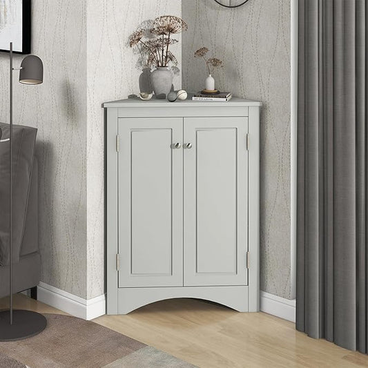 Corner Storage Cabinet with Adjustable Shelves, Triangle Bathroom & Kitchen Organizer, Freestanding Floor Cabinet for Toilet Kitchen Bathroom Cleaning Supplies (Gray)