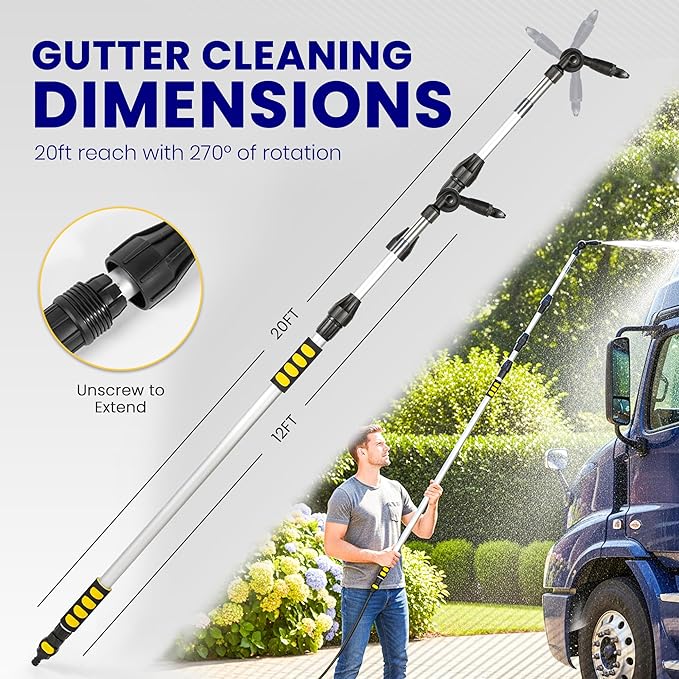 20ft Reach Telescopic Gutter Cleaning Tools from the Ground – Rain Gutter Cleaner with Heavy Duty Bendable Wand, Hose Attachment, Extension & Connecting Adapter | O-Ring Leak Proof Design