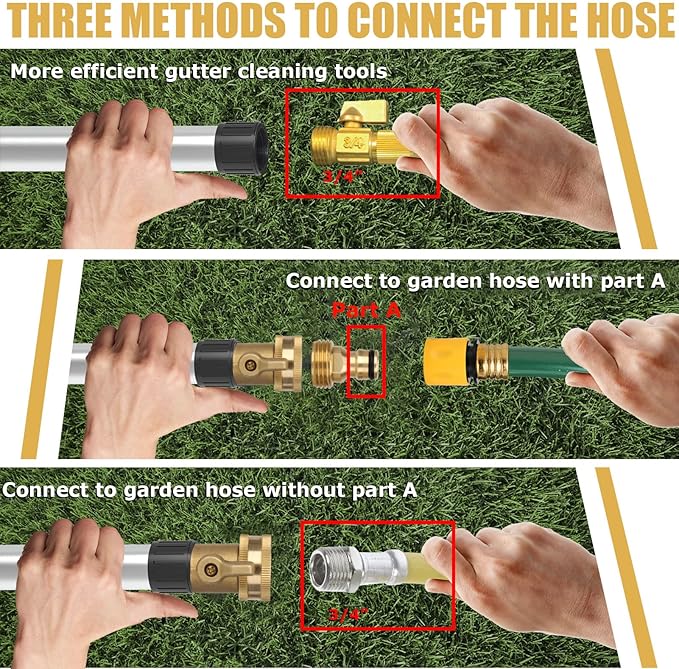 Gutter Cleaning Tools from Ground, 16FT Telescoping Pole (24FT Reach) - Heavy-Duty Zinc Alloy Head, 360° Spray Nozzle & Leak-Proof Kit/11