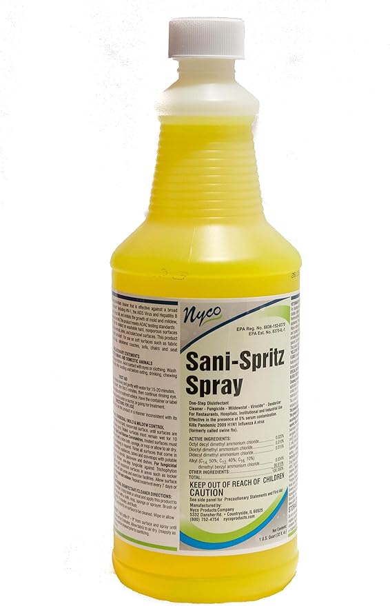 Nyco Sani-Spritz Spray - 32 oz RTU Spray Bottles - Case of 12 (sprayers not included) - Disinfectant - Cleaner - Mildewstat - Deodorizer - One-Step Disinfectant Cleaner