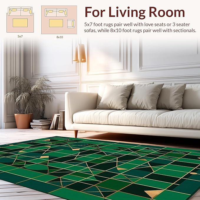 Flatwoven High Traffic Area Rug 8x10, Geometric Bathroom & Scrubber with Replaceable Heads, Non Slip, Stain Resistant, Washable Area Rugs for Living Room, Bedroom (Green, 8x10)