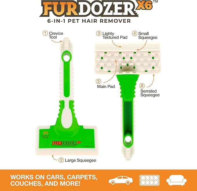 FurDozer Pet Hair Remover & Auto Detailing Tools - Cat & Dog Hair Remover for Carpets, Car Interiors, Couches, Bedding, & Pet Furniture (Green, X6) - Image 2