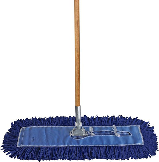 ProGrade Dry Mop Kit with Industrial-Quality Twisted Closed Loop Mop Head - Heavy-Duty Steel Frame, Wood Handle - Blue 48 Inch