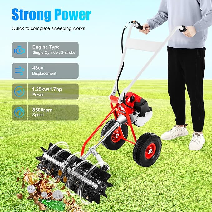 2-Stroke Gasoline Lawn Yard Sweeper, 43cc 8500rpm 1.7hp Handheld Outdoor Leaf Broom Walk-Behind Outdoor Hand Push Sweeper Lawn Cleaning Driveway Tools w/Tool Kit for Sweep Leaves Dirt from Lawns