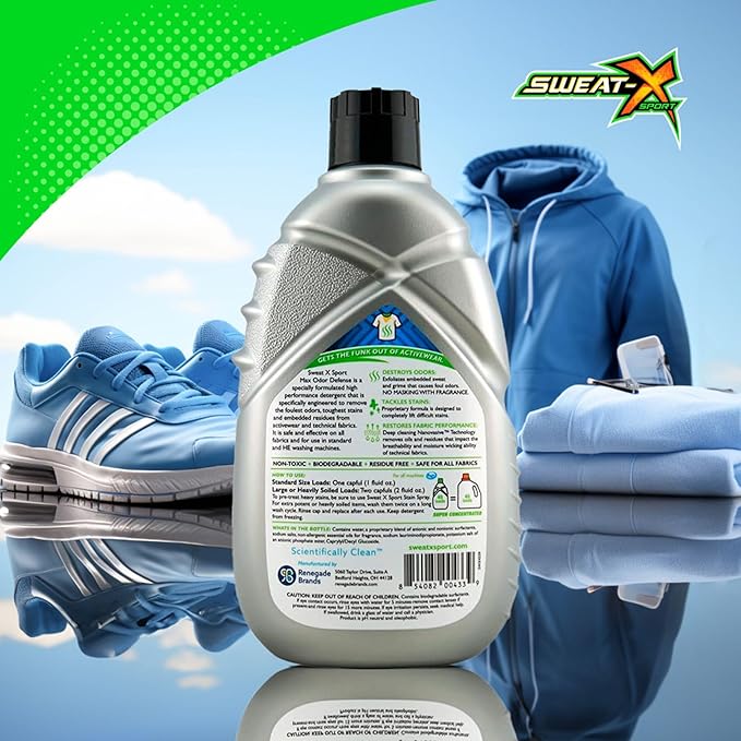 SWEAT X Max Odor Defense Laundry Detergent Liquid - Natural Washing Detergent for Activewear & Gym Clothes - Laundry Detergent for Sensitive Skin - Concentrated Detergent, 45 Loads/Bottle (4 Bottles)