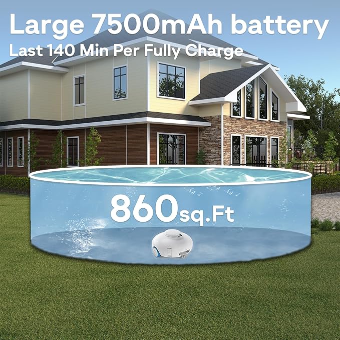 2025 Cordless Robotic Pool Vacuum, Pool Cleaner for Above Ground/Inground Pools - 7500mAh Battery, Lightweight, 140mins Runtime, Powerful Suction Pool Cleaner Vacuum for Flat-Bottom Swimming Pools