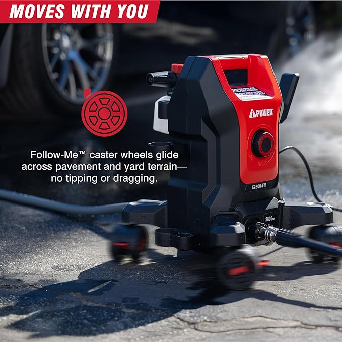 A-iPower Follow Me Electric Pressure Washer 2800 Max PSI 1.7 GPM Anti-Tipping Design with 5 Nozzles, Soap Dispense for Fences, Driveways, Patios, Cars, Home Cleaning, E2800-FM