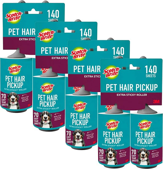 Scotch-Brite Pet Hair Pickup Extra Sticky Lint Roller, Designed for Removing Fur + Fluff on Couches, Clothes, Dog and Cat Beds, & More, 8 Pack, 140 Easy-Tear Adhesive Sheets Total by Scotch-Brite