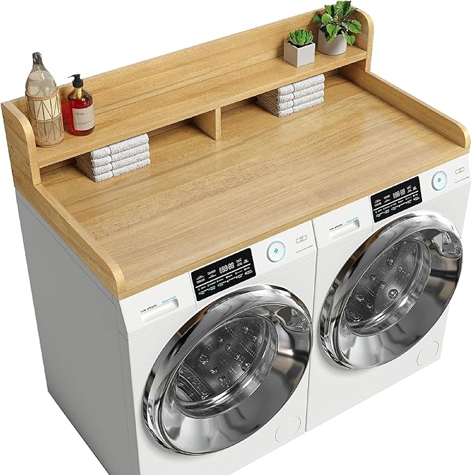 2-Tier Washer Dryer Countertop with 2.75"H Edge Rails, 54" W x 27.55" D Laundry Countertop for Folding Clothes, Washer and Dryer Topper with Non-Slip Pad (Pure Wood Color)