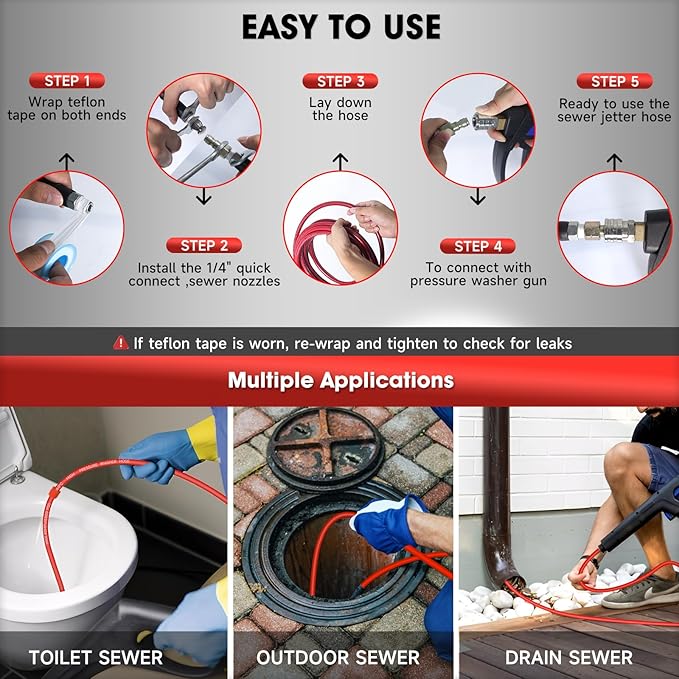 Sewer Jetter Kit for Pressure Washer – 100ft Pressure Washer Drain Jetter Hose 5800PSI 1/4 Inch NPT Corner with Sewer Cleaning Tool High Pressure Nozzles and Spanner Waterproof Tape