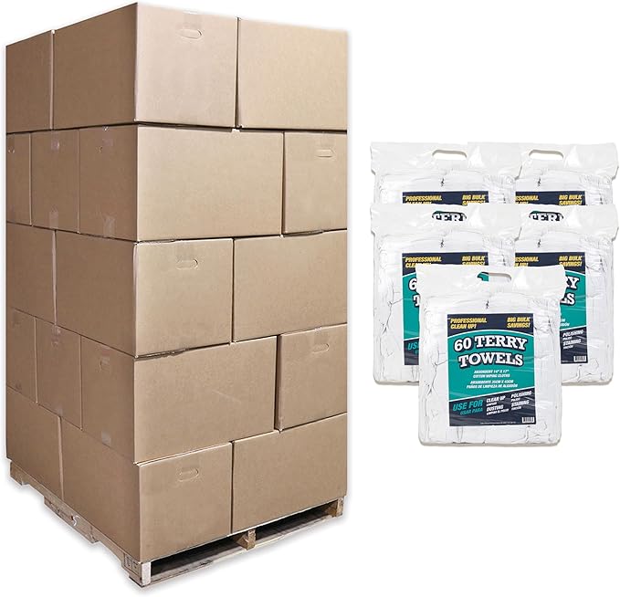 Arkwright TT60 Terry Cloth Towels for Cleaning - (Pallet of 7500) 100% Cotton Washable Heavy Duty Bar Mop, Absorbent & Quick Drying, Bag of Rags for Kitchen, Auto Shop, and Garage, 14 x 17 in, White