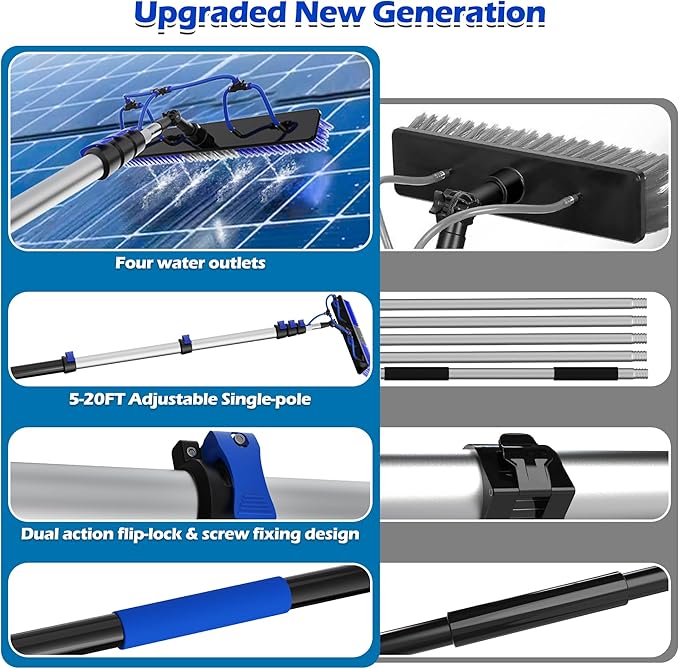 5-20 FT Water Fed Pole Kit, Telescopic Extension Pole with Brush & Soap Dispenser, Dual Action Flip-Lock & Screw Fixing Design for Solar Panel, Window, Boat, RV Cleaning & Snow Removal