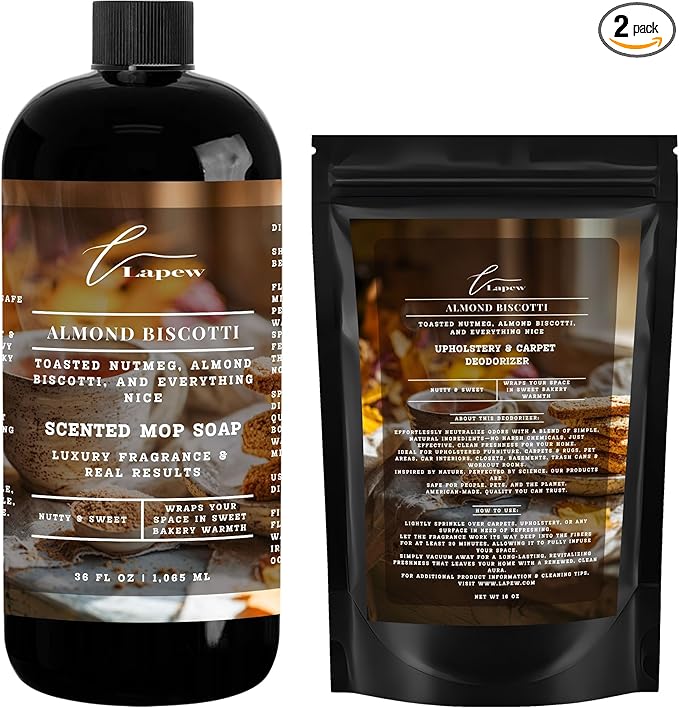 Lapew Almond Biscotti Bundle – Carpet Deodorizer Powder & Scented Mop Soap Set – Odor Eliminator for Pet-Friendly Homes (Nutmeg & Spice Fragrance)