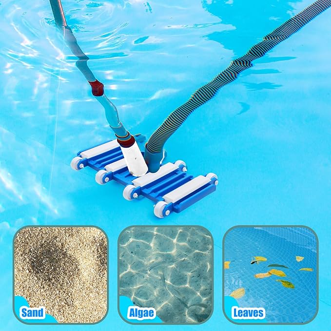 3 Pcs Pool Vacuum Cleaning Kit Vacuum Head Right Corner with Flexible Wheels, 1-1/4" x 18ft Hoses and Skimmer Net Maintenance Accessory Tool for Inground Pool Cleaning