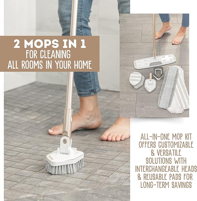 Quick Shine Ultimate Gold Clean + Polish Mop Kit | All-in-One 9 Pc Kit w/Interchangeable Attachments | No Batteries Needed | Pro Cleaning System for All Floor Types | 2-in-1 Mop