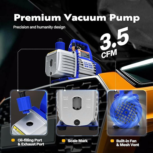 VIVOHOME 110V 1/4 HP 3.5CFM Single Stage Rotary Vane Air Vacuum Pump and AC Manifold Gauge Set Kit with Thermometer for R134a R12 R22 R502 R410a HVAC Air Conditioning Refrigeration Recharging