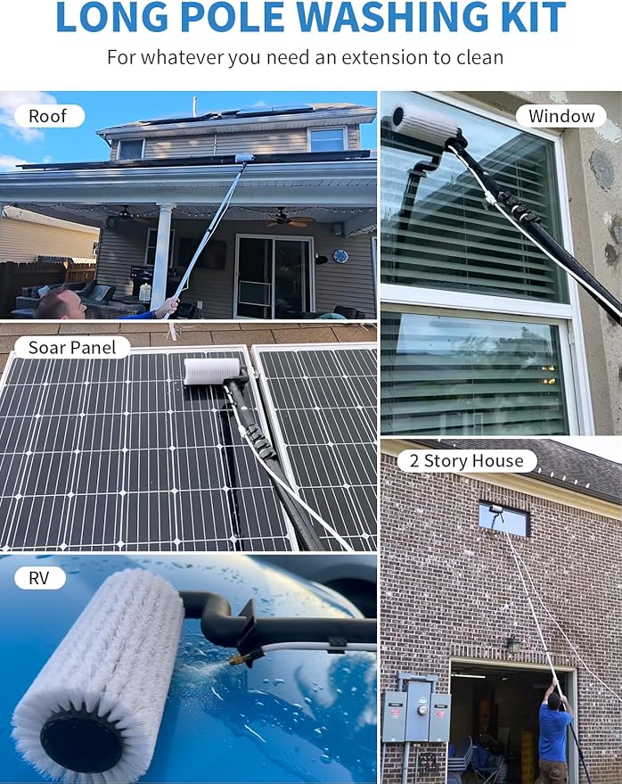 Electric Solar Panel Cleaning Kit, 20FT Solar Panel Cleaning Brush and Pole with Soap Dispenser, Telescopic Water Fed Pole, 100Mins Runtime, Solar Panel Cleaner Solution for Windows, Roof (Black)