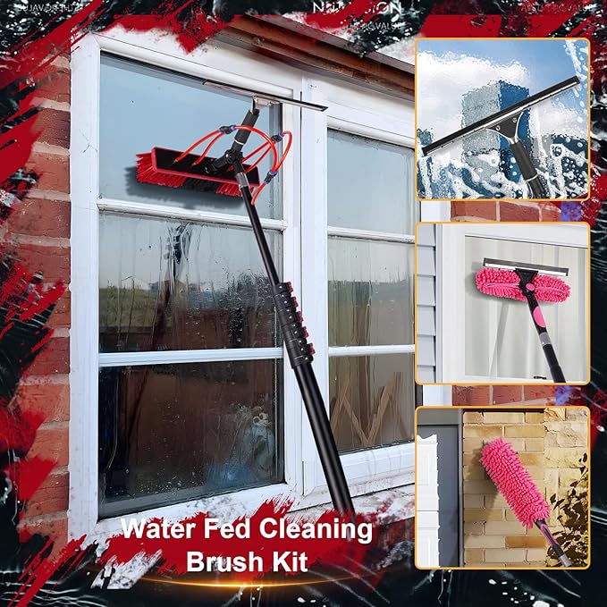 24ft Long Reach Solar Panel Cleaning Brush Kit,Telescopic Water Fed Pole & Squeegee, 2 Dusting Brushes for Window Outdoor Roof Cleaner Kit