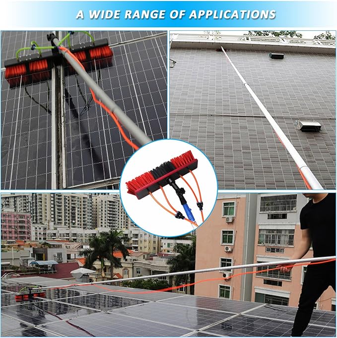 Window cleaning pole 3~12m extendable window cleaning kit window cleaning pole steel buckle fixing, easy to install,with 20m water supply hose 50cm water hole large brush head Roof Cleaning Tools