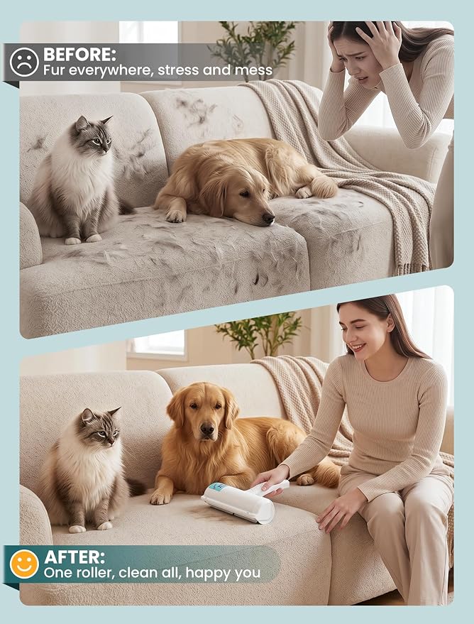 DELOMO Pet Hair Remover Roller, Reusable Lint Roller for Dog and Cat Hair | Portable Pet Hair Roller with Large Fur Bin, Fast Cleaning for Couches, Bedding, Rugs, Car Seats and Furniture, No Batteries - Image 3