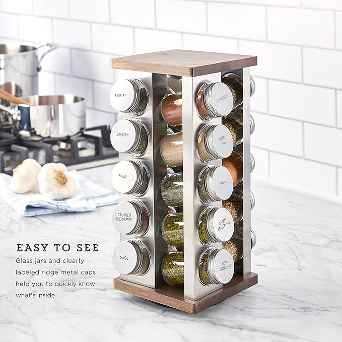Kamenstein 20-Jar Vintage Revolving Spice Rack Organizer with Spices Included, 5 Years of Spice Refills, Rotating Wood and Stainless Steel Storage, Culinary Gift for Home Chefs
