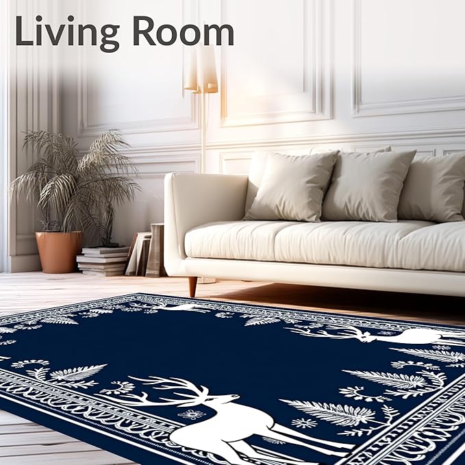 Flatwoven High Traffic Area Rug 6x9, Enchanted Forest December Shower Curtain Full Restroom Kit, Non Slip, Stain Resistant, Washable Area Rugs for Living Room, Bedroom (Blue, 6x9)