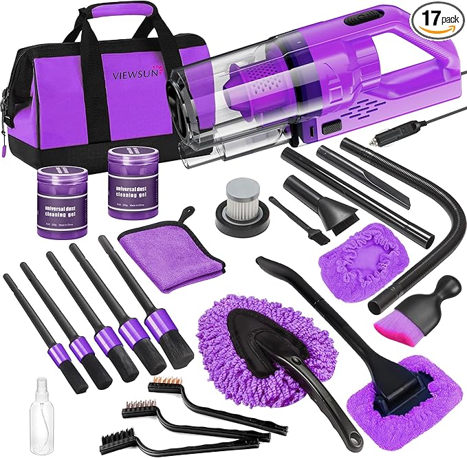 Viewsun 17PCS Car Cleaning Kit, Purple Car Interior Detailing Kit with High Power Handheld Vacuum, Detailing Brush Set, Windshield Cleaner, Cleaning Gel, Complete Auto Accessories for Women Gift
