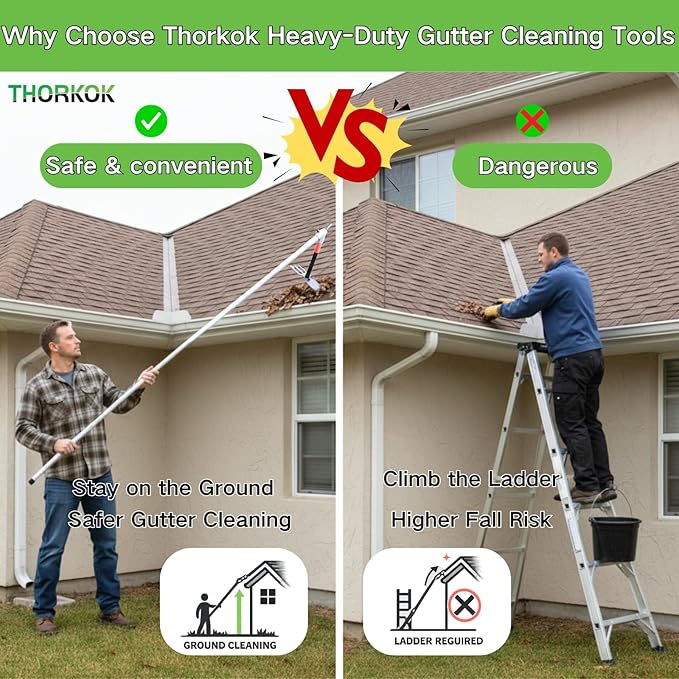 Heavy Duty Gutter Cleaning Tool, 10 Ft Leaf Gutter Cleaning Kit with Extension Pole Multifunctional Rake, Roof and Garden Debris Removal from Ground
