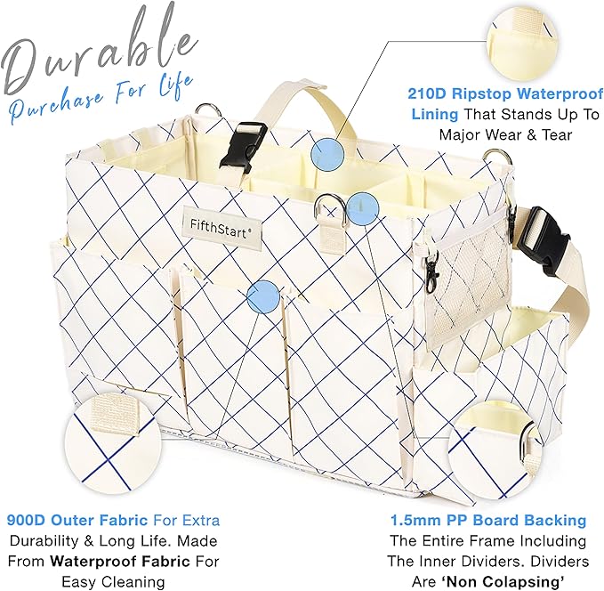 FifthStart Cleaning Caddy for Cleaning Supplies - Large Cleaning Bag Organizer Tote with Shoulder Strap, Mesh Base & Adjustable Dividers - Heavy Duty Cleaning Bags for Housekeepers (Blue Check, Large)