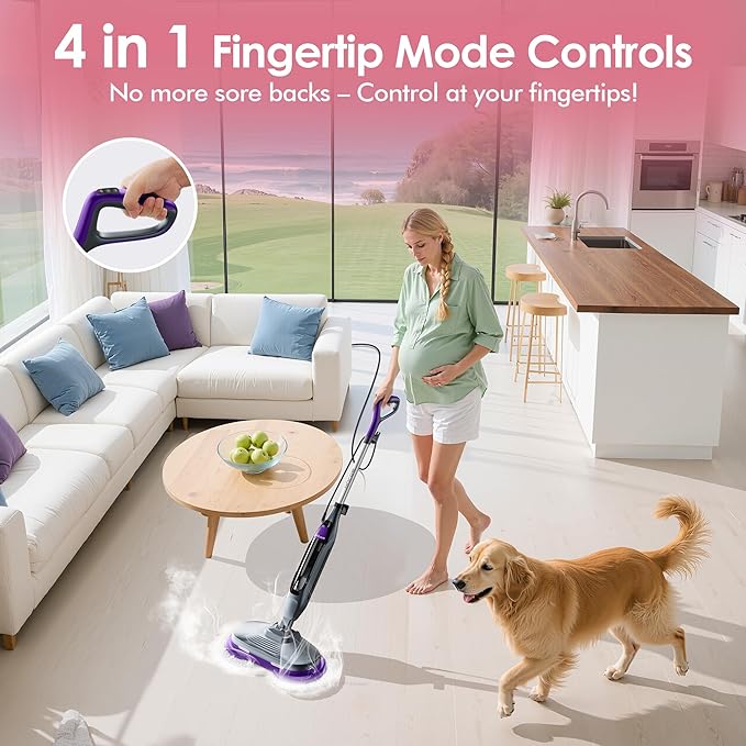 Scrub & Steam Mop with Rotating Mop Pads, 4 Cleaning Modes & LED Headlights, 6 Scrub Pads, Large Tank, Swivel Steering, All-in-One Hard Floor Cleaner