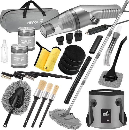 Viewsun Car Cleaning Kit with High Power Handheld Vacuum, Car Wash Mop with Long Handle, Bucket, Detailing Brush Set, Windshield Cleaner, Complete Interior Exterior Washing Supply for Men Women