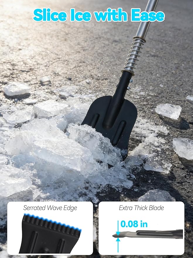 Driveway Ice Scraper, Spring-Loaded Shock-Absorb Ice Chopper for Sidewalk, Heavy Duty Ice Breaker Tool with 66" Long Handle, Serrated Blade for Cut Ice, Snow Removal, Floor Cleaning, Stainless Steel
