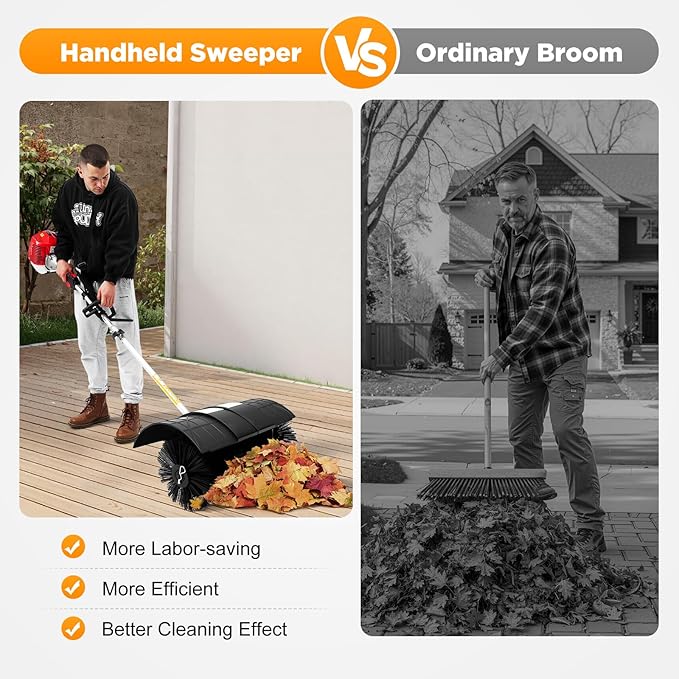 52CC 2-Stroke Gas Power Handheld Sweeper Broom, 1700W Driveway Turf Artificial Grass Snow Cleaner with 33.8-oz Fuel Tank, 20in Walk Behind Sweeper Lawn Cleaner Tools for Boulevards, Lawns, Sidewalks