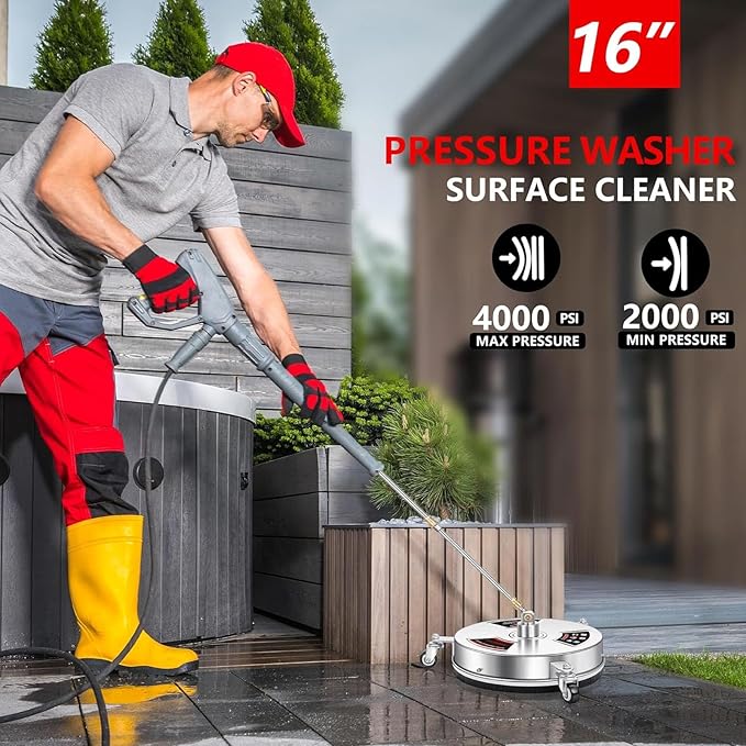 13 Inch Pressure Washer Floor Cleaner, Stainless Steel Exterior Cleaner with 4 Wheels, for Patio Driveway Sidewalk Porch Deck Brick Wall, Maximum 4000PSI