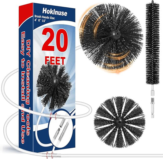 HOKLNUSE Dryer Vent Cleaner Kit Ducts Cleaning Kit for Dryer Air Duct HVAC Vent Fireplace Chimney Pellet Stove Gutter Downspout Dryer Vent Lint Removers with 1.5" 4" 6" Brush Heads (20 Feet)