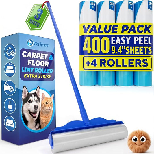 PetLovers Large Lint Roller with 3 Refills – 400 Total Sheets for Tackling Pet Hair, Extra Large Floor and Carpet Roller for Homes with Pets, Perfect for Floors, Furniture, and Loving Pet Owners by PetLovers