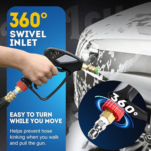 TOOLCY Pro Short Pressure Washer Gun 5000 PSI with 360° Swivel,3/8" Quick Connect Inlet, High Pressure Washer Gun with 1/4" Quick Connect Outlet, Includes 3/8" QC to M22-14mm Adapter & 5 Nozzle Tips