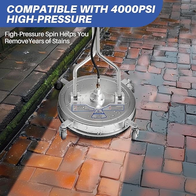 20" Pressure Washer Surface Cleaner with 4 Wheels, 3.9GPM-4400 Max PSI Washer with Dual Handle, Stainless Steel Housing, Ideal for Driveways, Sidewalks, Patios, Decks Cleaning