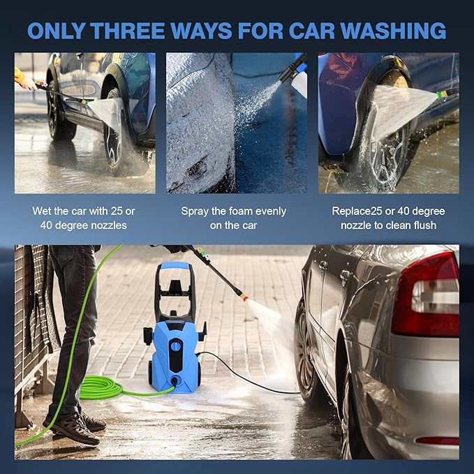 commowner𝐏𝐨𝐰𝐞𝐫 𝐖𝐚𝐬𝐡𝐞𝐫 𝟓𝟎𝟎𝟎𝐏𝐒𝐈 Portable with 33FT Pipe, 4 Nozzle Set for Home/Cars/Fences/Windows, Light Blue
