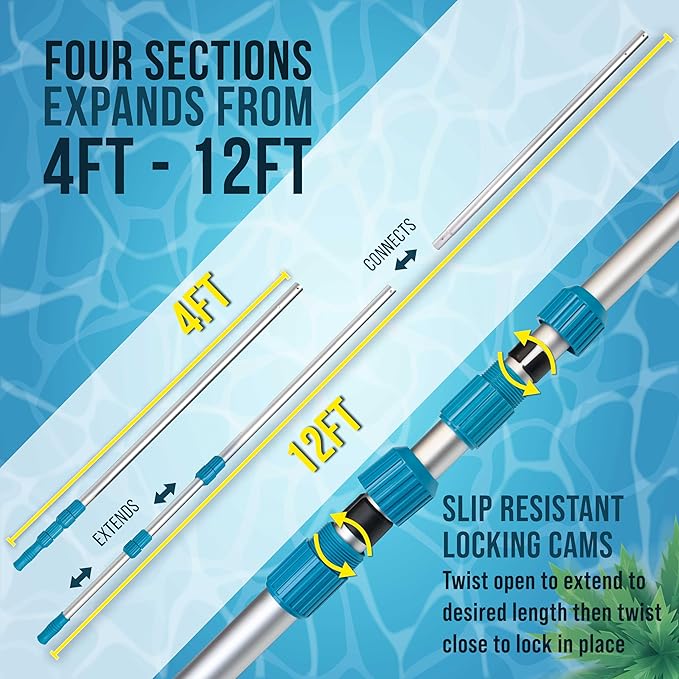 U.S. Pool Supply Telescoping Pole 12-Foot Aluminum Pool Pole Telescopic Cleaning, Adjustable 3 Piece Expandable Step-Up - Secure Locking Cams, Attach Connect Skimmer Net Rake Brush Vacuum Heads Hoses