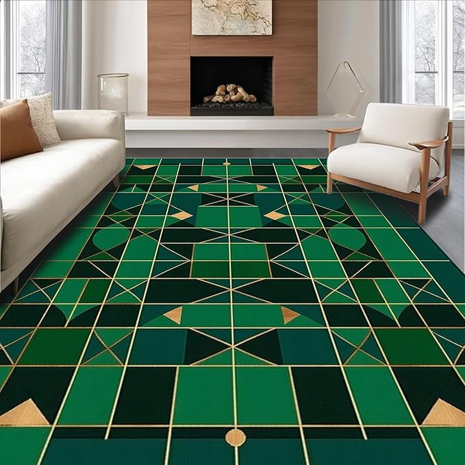 Flatwoven High Traffic Area Rug 5x7, Geometric Bathroom & Scrubber with Replaceable Heads, Non Slip, Stain Resistant, Washable Area Rugs for Living Room, Bedroom (Green, 5x7)